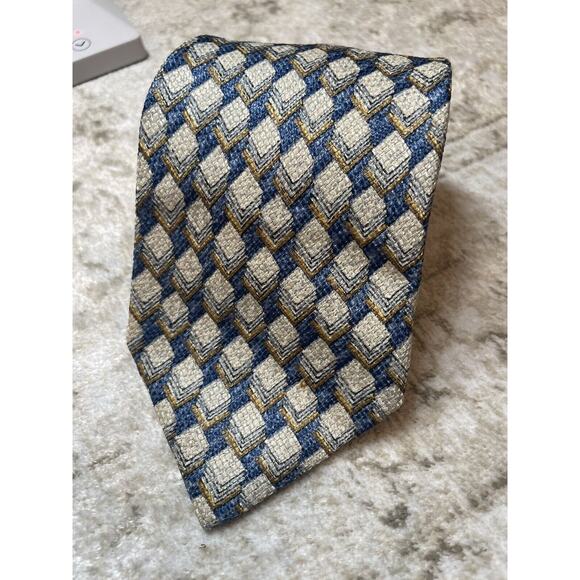 ermenegildo zegna tie abstract geometric pattern blue &‎ off white 100% silk - Picture 1 of 6